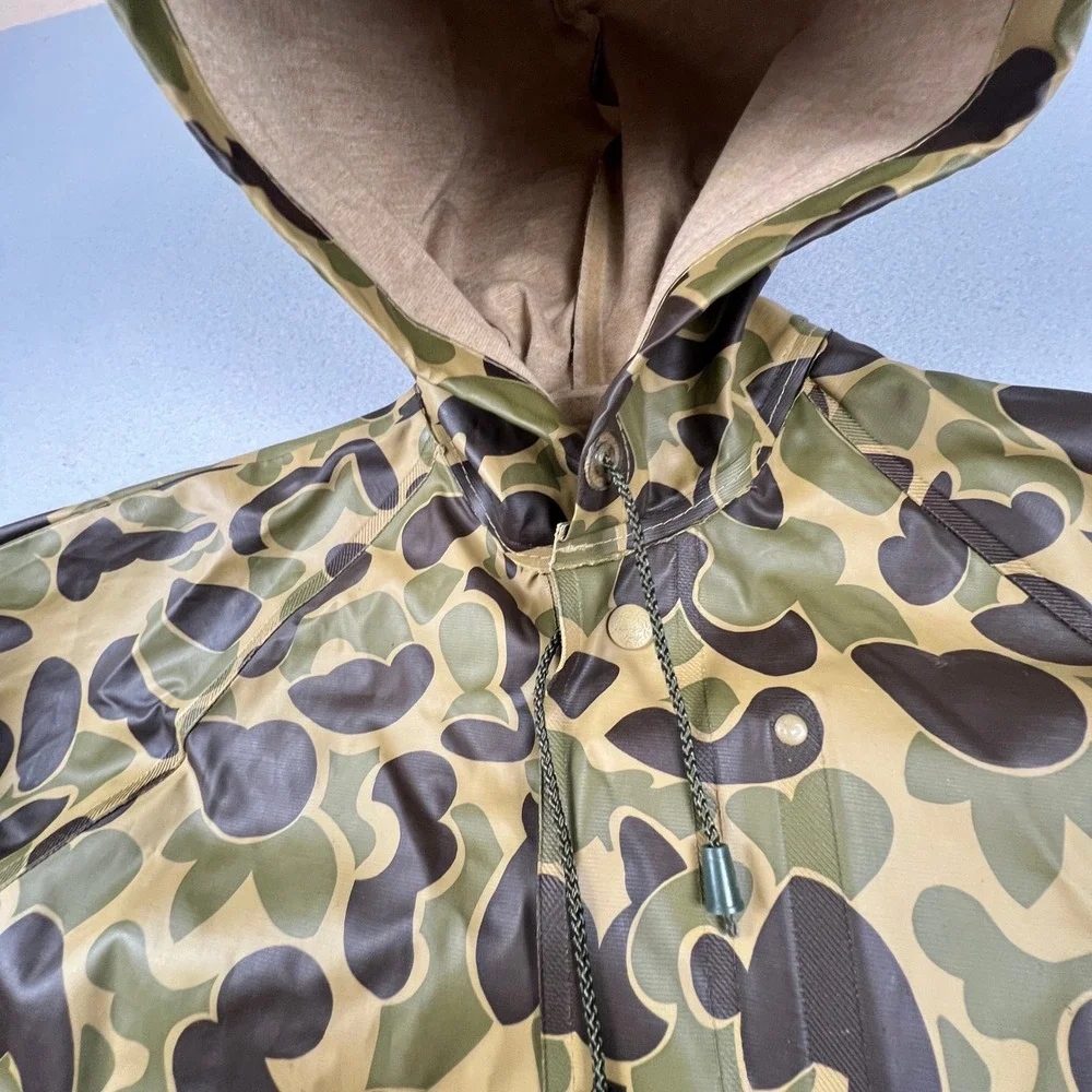 Unbranded Rain Jacket Mens XL Green Camo Duck Hunter Vintage Hooded Slicker Coat